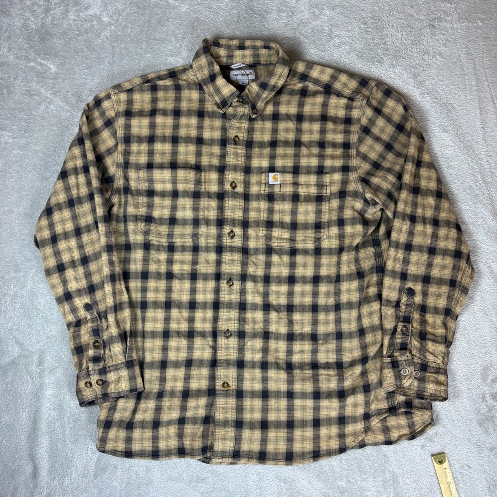 Carhartt Shirt Mens XL Relaxed Fit Plaid Button Down Tan Black Stretch Workwear